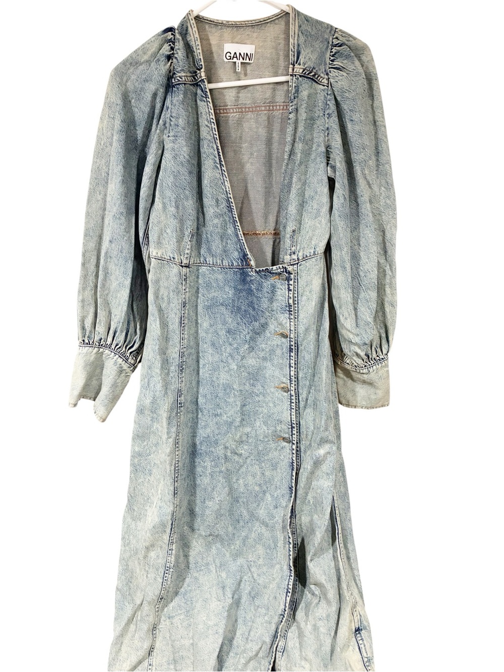 GANNI Blue Light Tine Denim Midi Dress Button Front Size 36